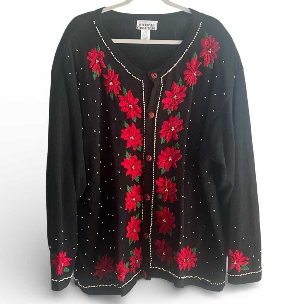 Vintage Cove Creek Cardigan with Red Floral Poinsettias and Gold Beaded Accents